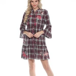 Johnny Was Workshop Plaid Embroidered Shirt Dress